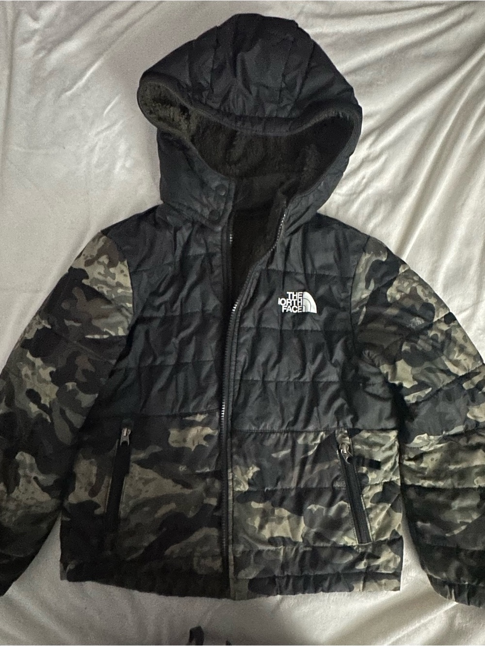 The North Face Black & Green Camo Hooded Puffer Jacket
